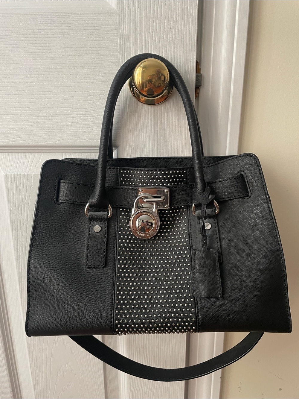 Michael Kors microstud Hamilton center stripe east west satchel